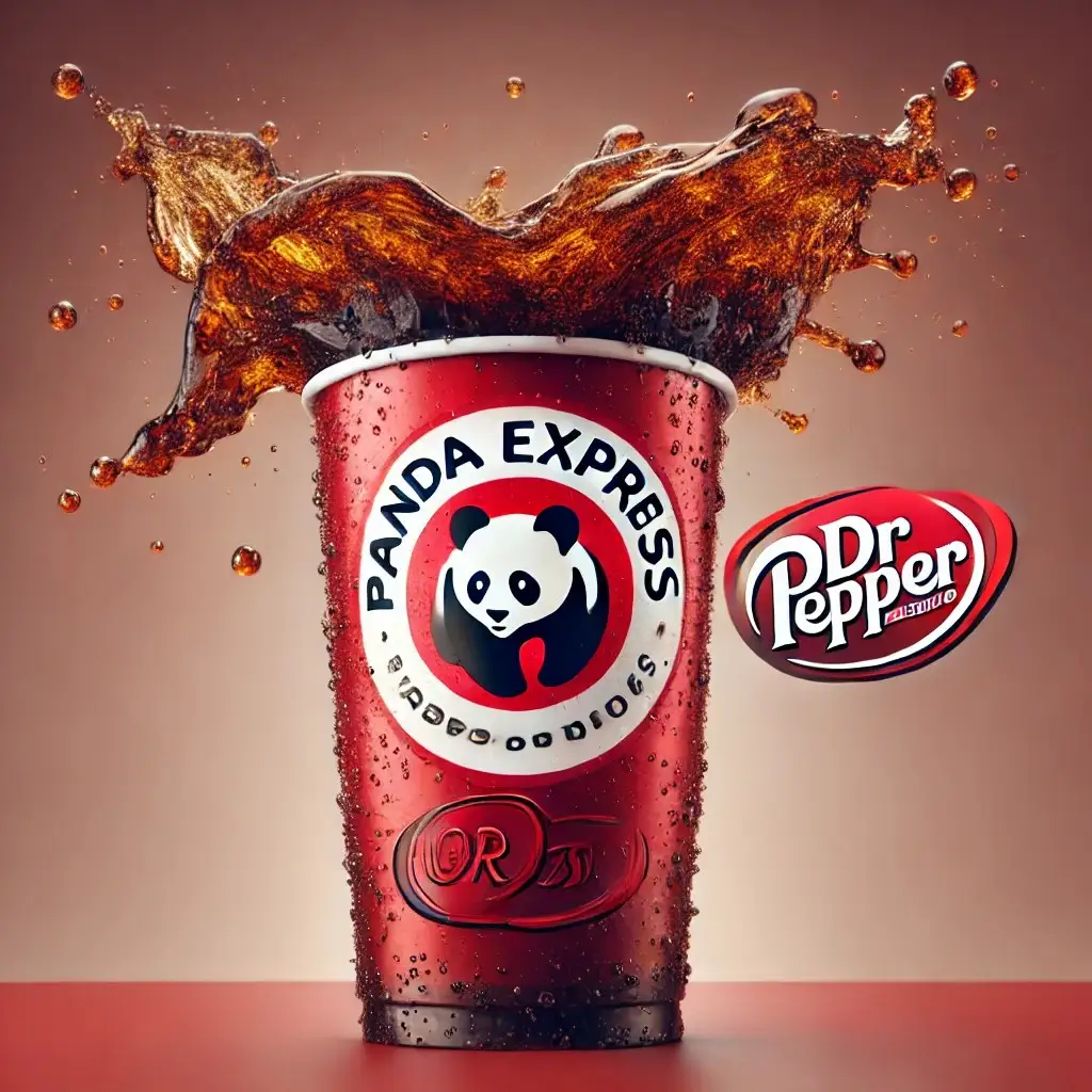 A visually appealing Panda Express branded large cup filled with Dr Pepper soda, designed with a red background 1024x1024.