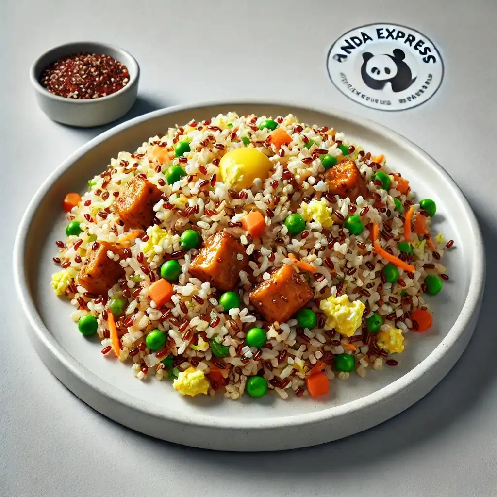 A visually appetizing Panda Express Quinoa Brown Fried Rice dish served on a clean white plate 1024x1024.
